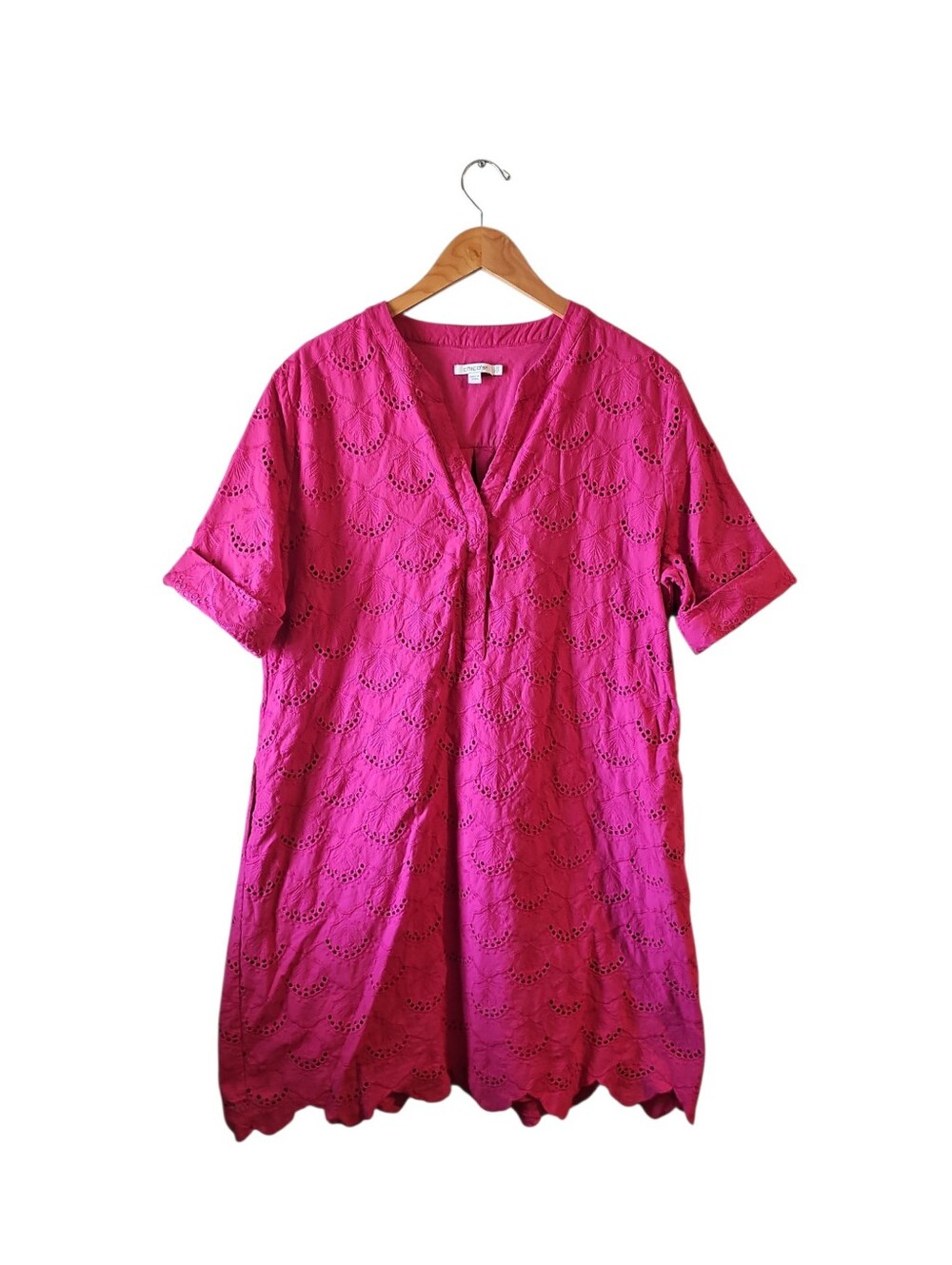 Chicos 3.5 Eyelet Popover Dress Bright Hot Pink Eyelet Sz 18 - Picture 2 of 5